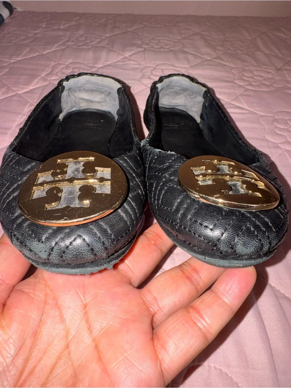 Tory Burch Black Quilted Flats with Gold Logo Medallions